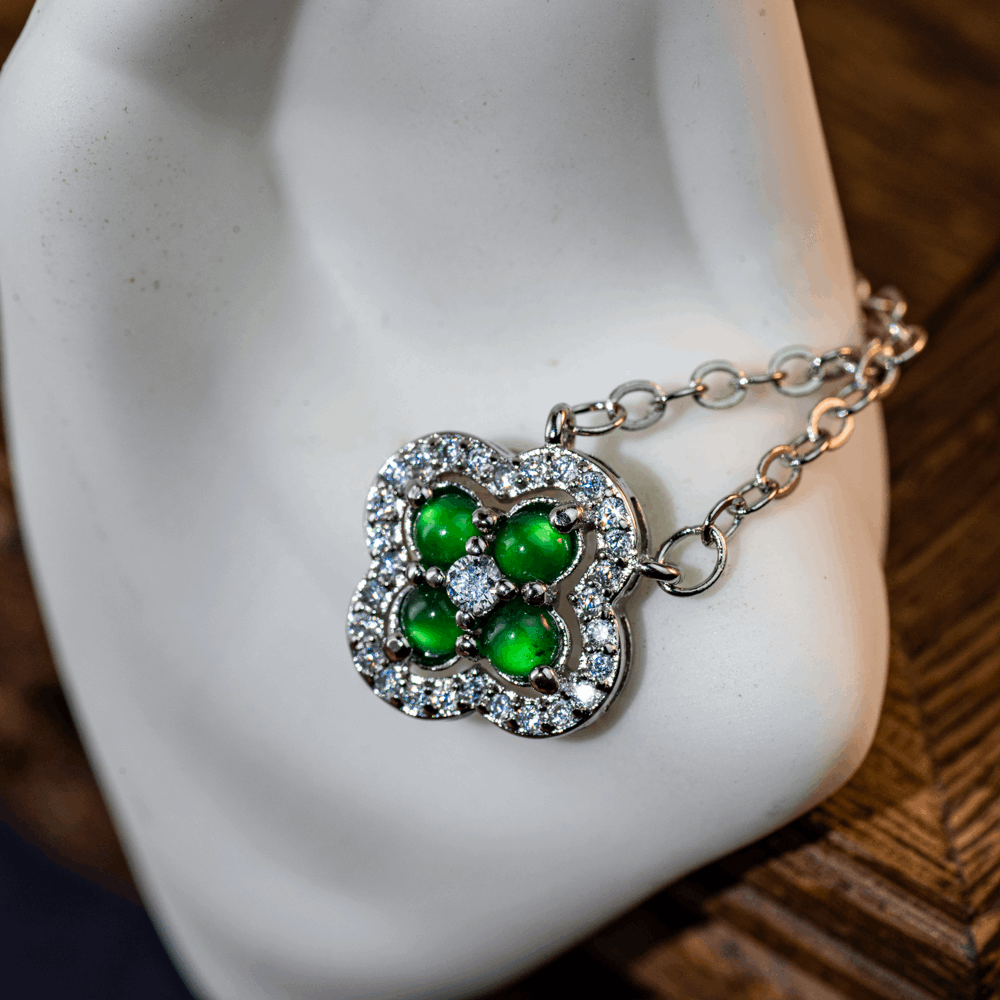 Jadeite Four - Leaf Clover and Diamond Pendant Necklace